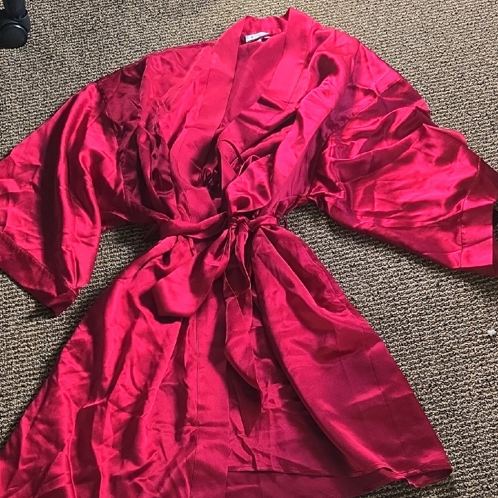 Lily Silk Cranberry Red Silk Bath Robe/house Coat NWOT